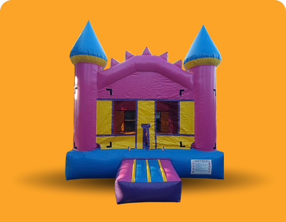 Vibrant bouncy castle with blue and pink