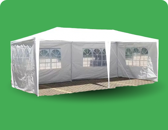 Rectangular party tent with arched windows