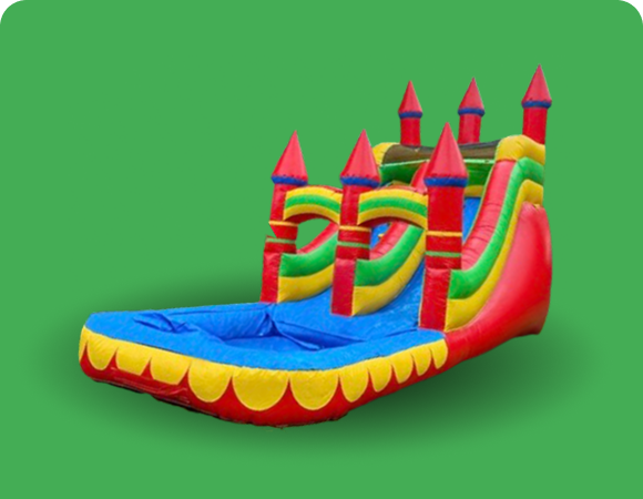 Colorful inflatable water slide on green background.