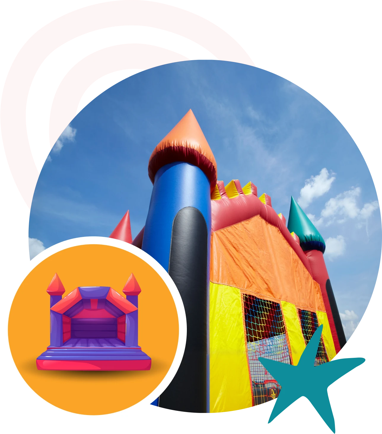 Vibrant bouncy castle with pointed towers